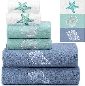 6 Pcs Coastal Ocean Beach Hand Towel Set 2 Bath Towels, 2 Hand Towels, 2 Washcloths with Conch Shell Starfish Design Decorative Summer Embroidered Towel for Bathroom Shower Kitchen