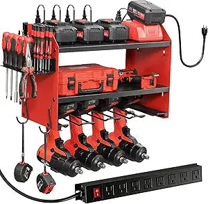Power Tool Organizer Wall Mount with Charging Station, Heavy Duty 3 Layer Garage Tool Storage with 4 Cordless Drill Holder and 8 Outlet Power Strip, Gift for Men Husband Dad Birthday Anniversary red