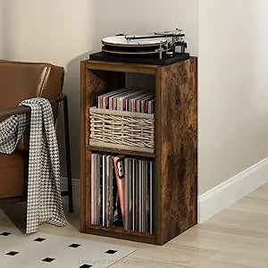 Furinno Cubicle Record Player Stand with Vinyl Storage, 2-Cube 1.2 Extra Thick Vinyl Record Storage, Open Back Media Shelf for CD DVD Blueray Game Disc, for Living Room, Home Office, Amber Pine