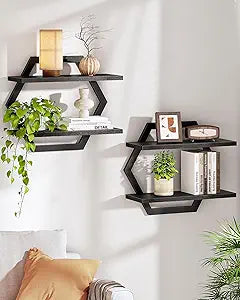 CHOEZON Hexagon Floating Shelves for Wall, Set of 2, 2 -Tier Hanging Shelves, Wall Mounted Storage Shelves, for Living Room, Bedroom, Kitchen, Home Office, Study, Black TBJ06P2BB