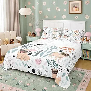 Erosebridal Kawaii Dog Sheet Set,Cartoon Pug Dog Bed Sheets Queen,Cute Love Heart Leaf Floral Bedding Set for Kids Girls Boys,Paw Print Pet Animals Bed Set with 2 Pillow Cases