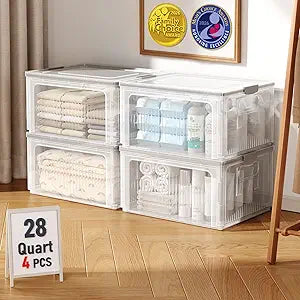 OlarHike 28QT Stackable Storage Bins with Lids, 4 Pack Plastic Collapsible Organizer Box, Foldable Clear Totes & Containers for Closet, Living Room, Garage, Straight Design Offers More Space