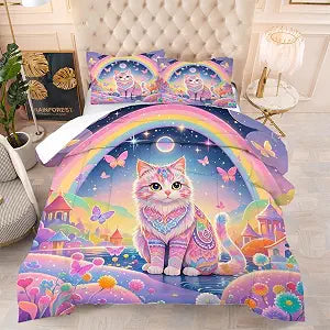 Rainbow Cat Comforter Set: Twin Size Cute Colorful Cat Bedding for Kids Teen Girls Room Decor Kawaii Purple Pink Ethnic Kitten Quilt Floral Feline Castle Bed Sets 2 Piece