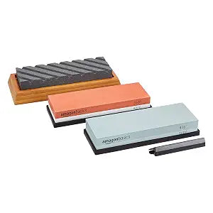 Amazon Basics Whetstone Knife Sharpening Stone Set, Double-sided 400/1000 and 3000/8000 Grit Stones, Flattening Stone with Angle Guide, Non-Slip Bamboo Base, 3 Count, Black & Grey