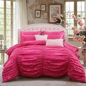 Bedorm Hot Pink Comforter Set 9 Pcs Queen Size Satin Bedding Set Pintuck Pinch Pleated Comforter Silky Ruched Bed in A Bag with Comforter, Flat Sheet, Fitted Sheet, Pillowcases & Cushion Cover