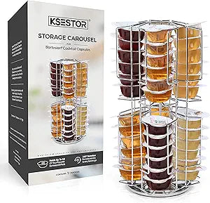 Ksestor Bartesian Capsule Holder - 48 Pod Rotating Storage Carousel, 360 Degree Chrome Tower Stand for Bartesian Cocktail Maker,Countertop Pod Organizer