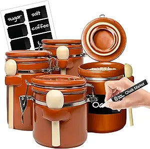 Home Intuition Ceramic Kitchen Canisters Set of 4 with Wooden Spoon Set  Airtight Containers, Metal Latches for Utmost Freshness  Sugar, Coffee, Flour, Tea & More | Rust