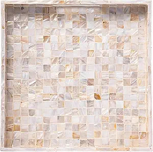 PEMAR Handcrafted Mother of Pearl Decorative Tray with Handles - 12" Square Mosaic Inlay Organizer for Coffee Table, Ottoman, Vanity & Bathroom - Luxury Coastal Home Decor (White Cream Squares)