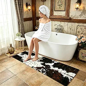 MUGINYU Cowhide Cow Print Long Bath Mat 20x63inch, Western Bathroom Runner Rug for Farmhouse Cowboy Decor,Large Quick Dry Absorbent Non-Slip Narrow Shower Rug for Bedroom Hallway Kitchen