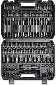 112PC Master Torx & Hex Bit Socket Set,1/4" 3/8" 1/2" Drive, S2 Steel, Impact AD Adapters, U-Joints, Extension Bars, Long Torx & Ball End Hex, SAE & Metric, Black Phosphate
