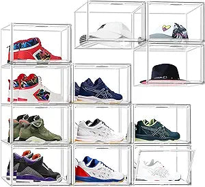12 Pack Drop-Front Clear Shoe Box Acrylic Storage Box Shoe Organizer Size 13, Stackable Shoe Tower with Magnetic Door Large Storage Bins for Sneaker Containers Display & Closet Organization