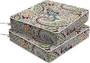 Set of 2 Outdoor Chair Cushions 20 x 20 x 4, Water Repellent Patio Seat Cushion with Removable Cover, All Weather Thick Chair Cushion for WickerSofaPatio Furniture, Paisley Chilli