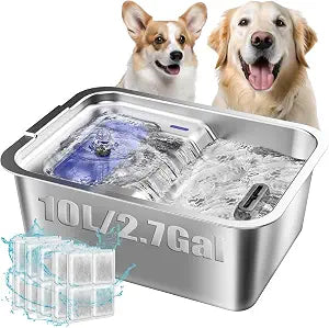 Stainless Steel Dog Fountain, 7L/10L Large Capacity Automatic Water Dispenser with 5 Filters, LED Indicator, Silent Pump for Medium to Large Cats Dogs and Multi-Pet Home (10L Fountian)
