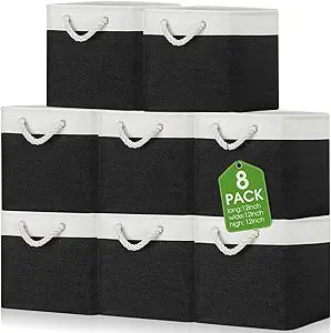 meekoo 8 Pack Collapsible Storage Bins Fabric Storage Bins Polyester Fabric Baskets with Handles Linen Closet Organizer for Shelf Home Closet Towels Toys(12 x 12 x 12 in,Black White)