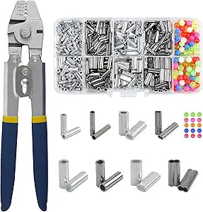 Fishing Crimping Tool Kit Stainless Steel Crimp Pliers Wire Rope Crimping Tool + 590pcs Crimp Sleeves Beads Kit,8 Crimping Sizes