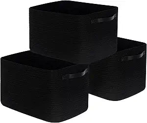 MINTWOOD Design 3-Pack Storage Baskets for Shelves, Decorative Baskets for Organizing, Woven Baskets for Storage, Book Basket Cube Bin Box, Pantry Closet, Shoe Organizer, Black / Black