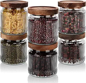 6 Pcs 500ml/17 oz Vintage Glass Storage Jar Glass Containers with Wood Lid Ribbed Pattern Airtight Kitchen Spice Containers for Pantry, Coffee Bean, Grains, Tea, Sugar, Flour, Candy, Oats
