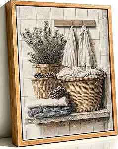 Framed Farmhouse Bathroom Counter Canvas Wall Art Rustic Neutral Towel And Plants Corner Painting Picture Wall Decor Relax Calm Poster Print Artwork for Washroom Laundry Living Room Home Decoration