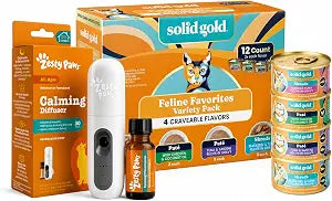 Zesty Paws 30 Day Cat Pheromones Calming Diffuser Plug-in Starter Kit + Solid Gold Wet Food Variety Pack Pate & Shreds in Gravy 3oz/12ct - Cat Supplies Bundle for Cats with Stress and Picky Eaters