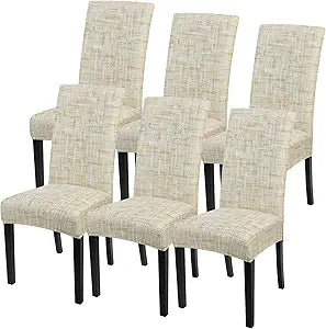 SearchI Dining Room Chair Covers Set of 6, Stretch Printed Parsons Chair Slipcovers Removable Washable Kitchen Chair Protector Cover for Dining Room, Hotel, Ceremony (Beige Linen-Look Print)