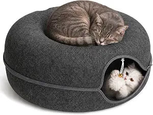 Large Cat Tunnel Bed, 24" Peekaboo Cat Cave Donut for Indoor Cats, Scratch Resistant Felt Hideaway with Bell Ball and Oversized Zipper Pull, Round Pet Tunnel for Play, Hide and Sleep, Dark Grey