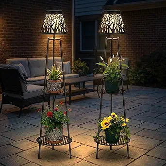 2 Pack Solar Floor Lamps Outdoor with 2-Tier Plant Stand, Metal Tall Planter Holder with Waterproof LED Lantern, Decorative Patio Light & Flower Pot Display Rack for Garden, Deck, Porch, Balcony