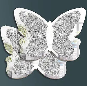 Vesici 2 Pieces Butterfly Shaped Mirror Crystal Crushed Diamond Silver Mirror Silver Wall Decor for Living Room Modern Decorative Artwork for Nursery Wedding Decor(19.69 x 14.57 Inch)
