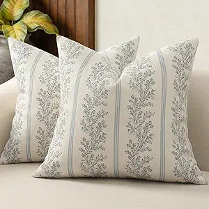 Vintage Throw Pillow Covers 26x26 Set of 2, Striped Floral Pillow Cover Botanical Patterned Decorative Cushion Covers Modern Farmhouse Home Decor for Sofa Couch Bed Living Room, Light Blue