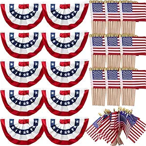 SmoothNovelty 110 Pcs Flags for Patriotic Decoration, 3 x 1.5 ft American Pleated Fan Flags and 4 x 6 Inch Small US Flag on Sticks, USA Bunting Flag and Handheld Outdoor 4th of July Decor
