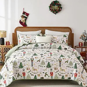 WONGS BEDDING Christmas Quilt Queen Size, 3 Pcs Green Bedspread Bedding Set