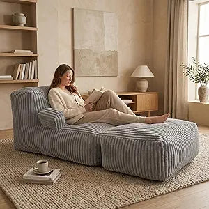 Bean Bag Chair - Plush Faux Fur Floor Seating Furniture Bean Bag Chair for Living Room, Bedroom, Playroom (6FT Stripe Grey with Armrests & Footrest)