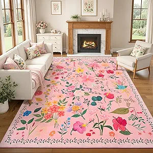 ISEAU Floral Living Room Rug 6x9, Washable Boho Flower Area Rug, Non-Slip Low-Pile Carpet with TPE Backing for Bedroom, Kid Friendly Flower Rug for Playroom Nursery Kitchen Dining Room Office, Pink