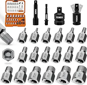XEWEA 22PCS 3/8" Drive Screw Extractor Set, Multi-Spline Easy Out Bolt Remover Kit for Stripped Broken Bolts, Nuts & Screws, Heavy-Duty CR-MO Extraction Tools with Extension & Adapter Accessories