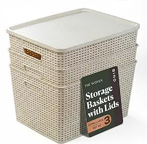 BINO | Plastic Storage Baskets with Lids, 33 Liter - 3 Pack, Natural | THE WOVEN COLLECTION | Storage Basket for Shelves | Woven Storage Baskets for Organizing Bins | Pantry Shelf Organizer Bin