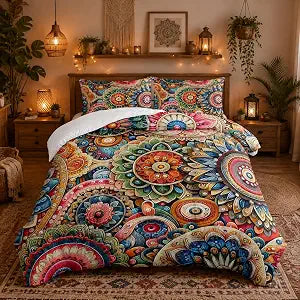 Nttopship 3 Piece Boho Floral Comforter Set Full Size Colorful Bohemian Contemporary Flower Microfiber Bedding Set Vibrant Bright Soft Machine Washable Lightweight 1 Comforter Set with 2 Pillowcases