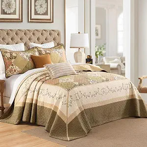 Oversized King Bedspreads 128x120 Extra Wide - Country Plaid Floral Reversible California King Quilt Set, 3-Piece Lightweight Thin Comforter Coverlet Set, Cal King, Caramel/Beige/Moss Green