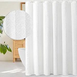 Gibelle Extra Long Shower Curtain 72 x 84, Tall 3D Embossed Textured White Fabric Shower Curtain, Modern Farmhouse Herringbone Decorative Bathroom Curtains Shower Set with Hooks