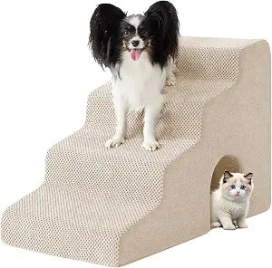 Dog Stairs for Bed 19.5 H, 4-Step Dog Steps for High Bed, Pet Stairs for Small Dogs and Cats to Get on Beds, Couch, Non-Slip Balanced Pet Steps and Ramp with Waterproof Cover and Tunnel, Beige
