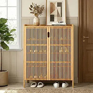 Shoe Cabinet with Doors Bamboo 5 Tiers Shoe Storage Cabinet for Entryway, 25 Pairs Wooden Shoe Cabinets, Modern Shoe Organizer Storage for Living Room, Bedroom, Hallway, Closet Nature