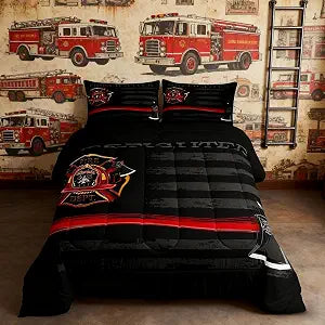 Firefighter Comforter Set Twin Size,American Flag Geometric Stripes Bedding Set,Boys Girls Adults Room Decor,Fire Fighting Truck Tools Down Comforter,Red Black Fashion Duvet Insert,1 Pillowcase