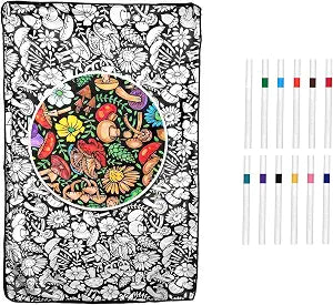 DIY Coloring Blanket for Adults, Blanket with 24 Markers, Washable Cozy Velvet Kit for Everyday Use Home Decor, Adds a Unique Touch to Living Rooms or Kids' Spaces (Mushroom Style 1)