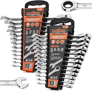 HORUSDY 26-Piece Ratcheting Wrench Set | Metric and SAE | Ratchet Combination Wrenches Set with Organizer | 72-Tooth | Chrome Vanadium Steel | 6-19 mm & 1/4 to 3/4 (13-Piece Metric&SAE)