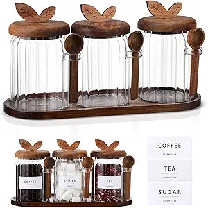 Remerry 3 Pcs Coffee Bar Accessories Set 20 oz Glass Sugar Storage Jars with Acacia Lids Spoons Bamboo Tray Coffee Bar Jars for Sugar Tea and Candy Jar Kitchen Decor