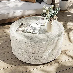 UPHA 28" Round Outdoor Coffee Table, Modern Hollow Concrete Patio Table, Small Minimalist Low Accent Table for Living Room, Balcony, Deck, Backyard, Off-White