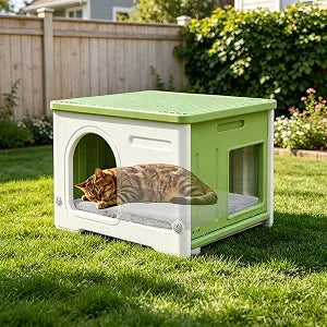 Plastic Cat House Outdoor & Indoor, Waterproof Feral Cat Houses with Escape Door, Sturdy Outdoor Cat House with Bed Mat, Outside Cat Shelter for Small Pet, Assemble and Clean Easily-Green