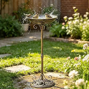 HOUYANG 11.4" W*27.6" H Cast Iron Pedestal Bird Baths for Outdoors, Vintage Metal Bird Bath Bowl, Bird Feeder Or Drinker Plate, Home Garden Lawn Yard Decorations