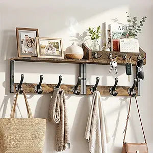 Lewondr Coat Rack Wall Mount with Shelf, 29" Entryway Wall Mounted Shelf with 7 Dual Hooks 4 Key Hooks, Entryway Floating Coat Rack with Mail Holder for Living Room, Bedroom, Vintage Brown