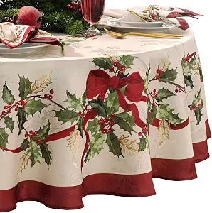 Elrene Home Fashions Villeroy & Boch Winter Bows & Garland Christmas/Holiday Tablecloth, 70"x70" Round