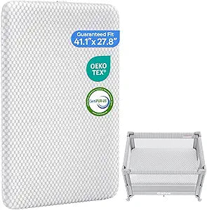 GAIVE 1.5in Mattress Fit Pack and Play & Baby Bassinet, Gel Memory Foam with Waterproof & Breathable Ice Silk Cover, 41.1"x27.8" Grey