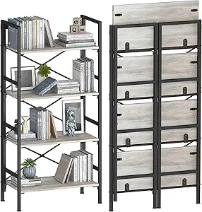 Homeiju Folding Bookshelf,4 Tier Bookcase Foldable Shelf with X-Bracket Design, Adjustable Feet, Space Saving Storage for Living Room, Office, Brownish